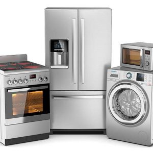 Home appliances. Group of silver refrigerator, washing machine, electric stove, microwave oven isolated on white background 3d